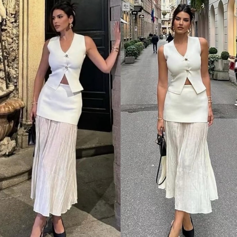 SET- V neck vest & matching midi skirt mixed media pleated textured detail